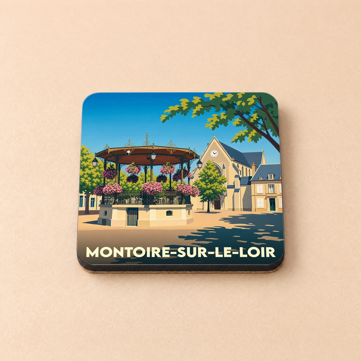 Dessous de verre souvenir de la ville de Montoire-sur-le-Loir avec une illustration stylisée.