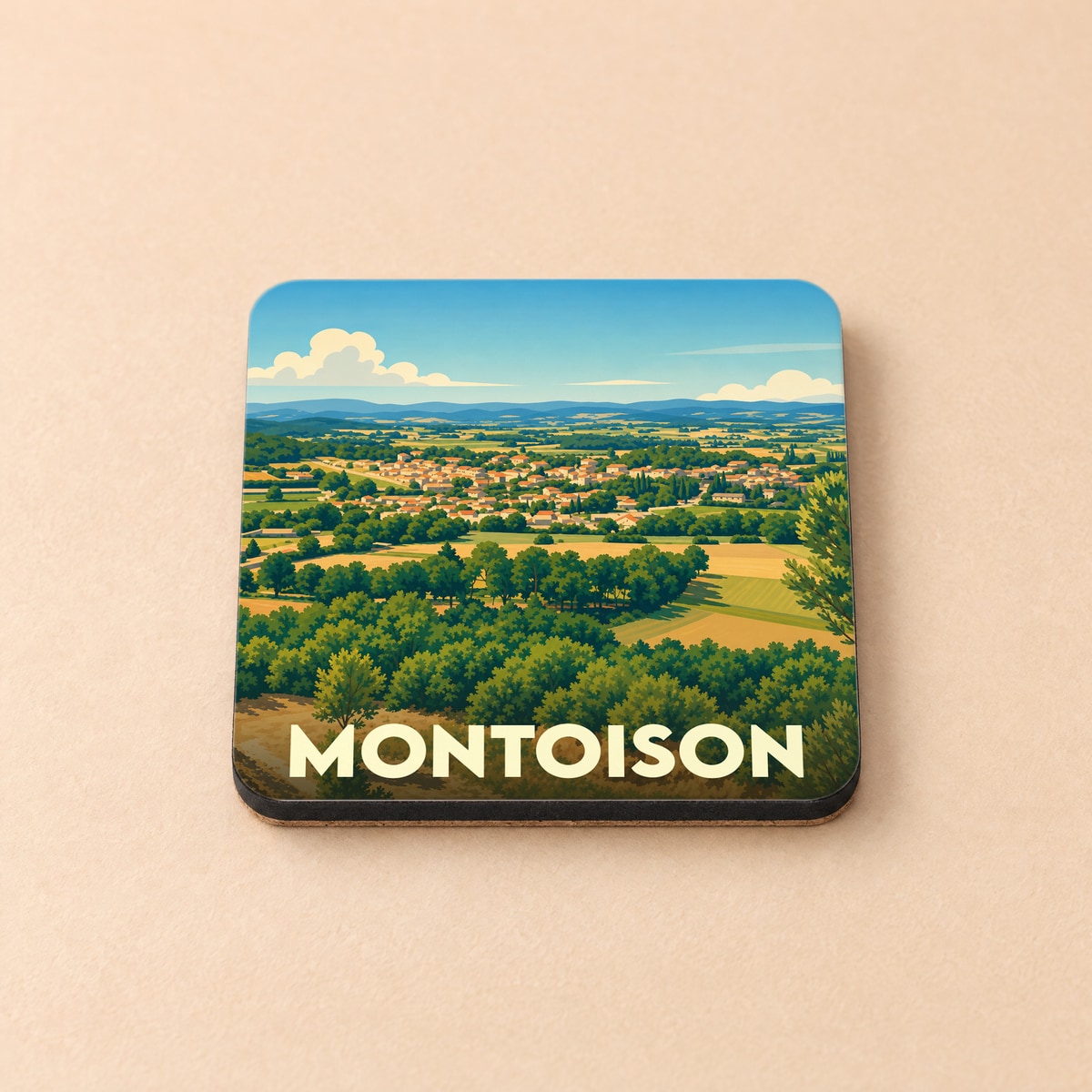Dessous de verre souvenir de la ville de Montoison avec une illustration paysagère stylisée.