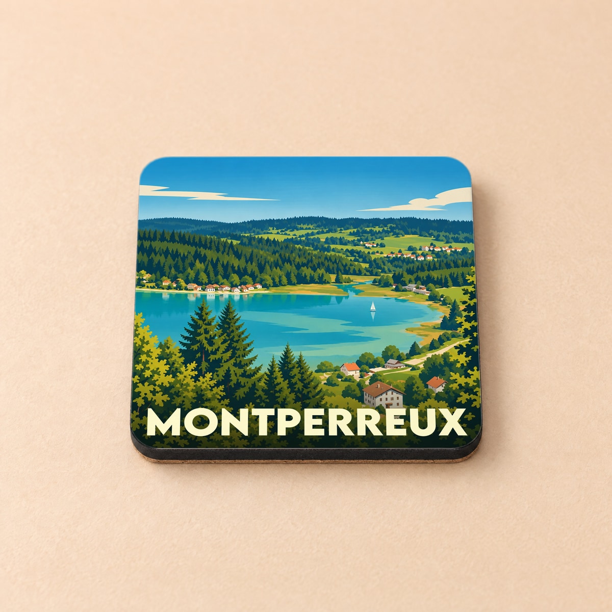 Dessous de verre souvenir de la ville de Montperreux avec une illustration stylisée d'un lac de montagne.