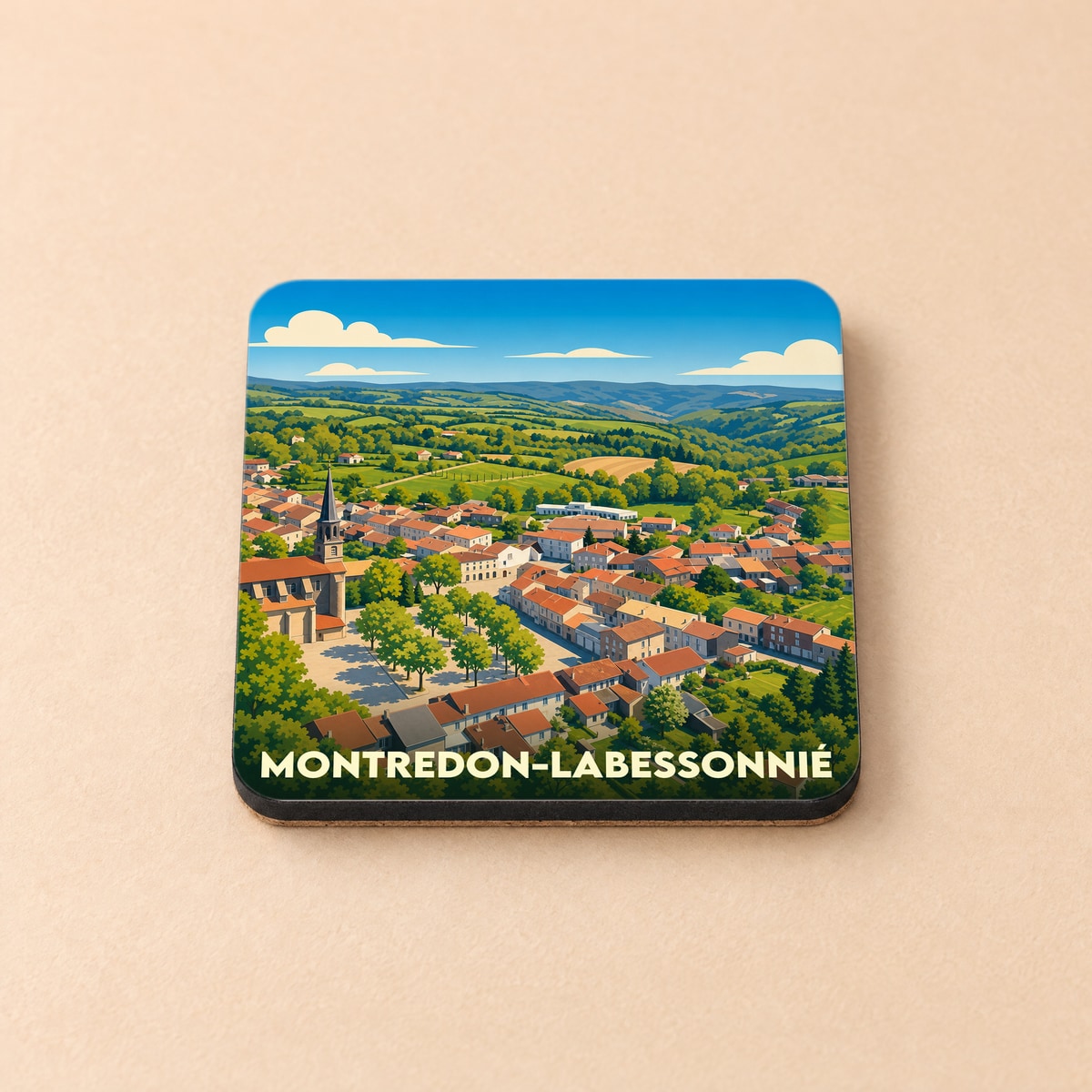 Dessous de verre souvenir de la ville de Montredon-Labessonnié avec une illustration stylisée de son paysage.