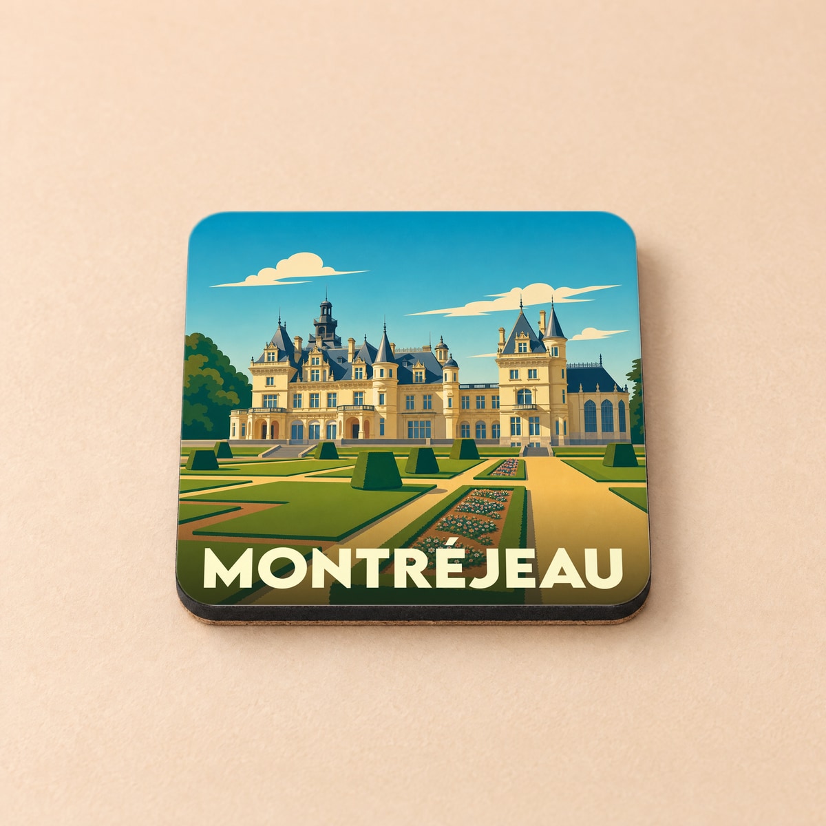 Dessous de verre souvenir de la ville de Montréjeau avec une illustration stylisée de son château et de ses jardins.