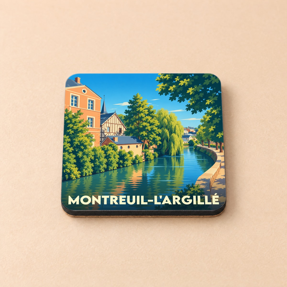Dessous de verre souvenir de la ville de Montreuil-l'Argillé avec une illustration stylisée des bords de la Charentonne.