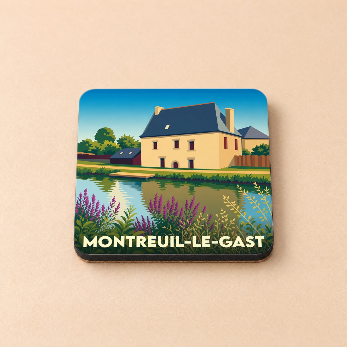 Dessous de verre souvenir de la ville de Montreuil-le-Gast avec une illustration stylisée.