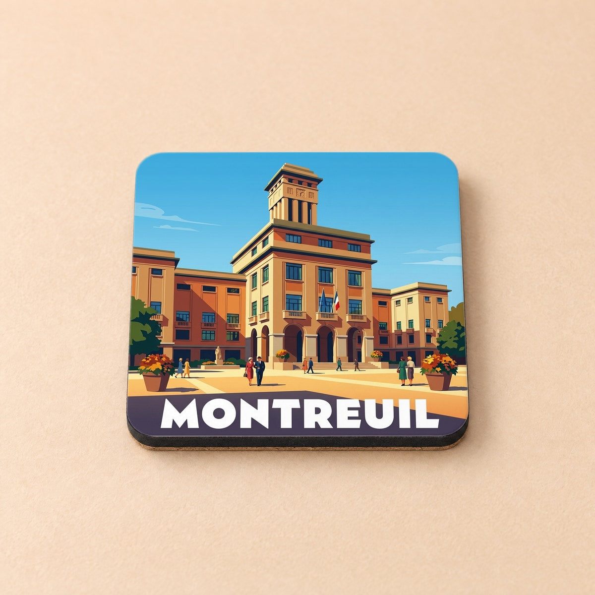 Dessous de verre souvenir de la ville de Montreuil avec une illustration stylisée de son hôtel de ville.