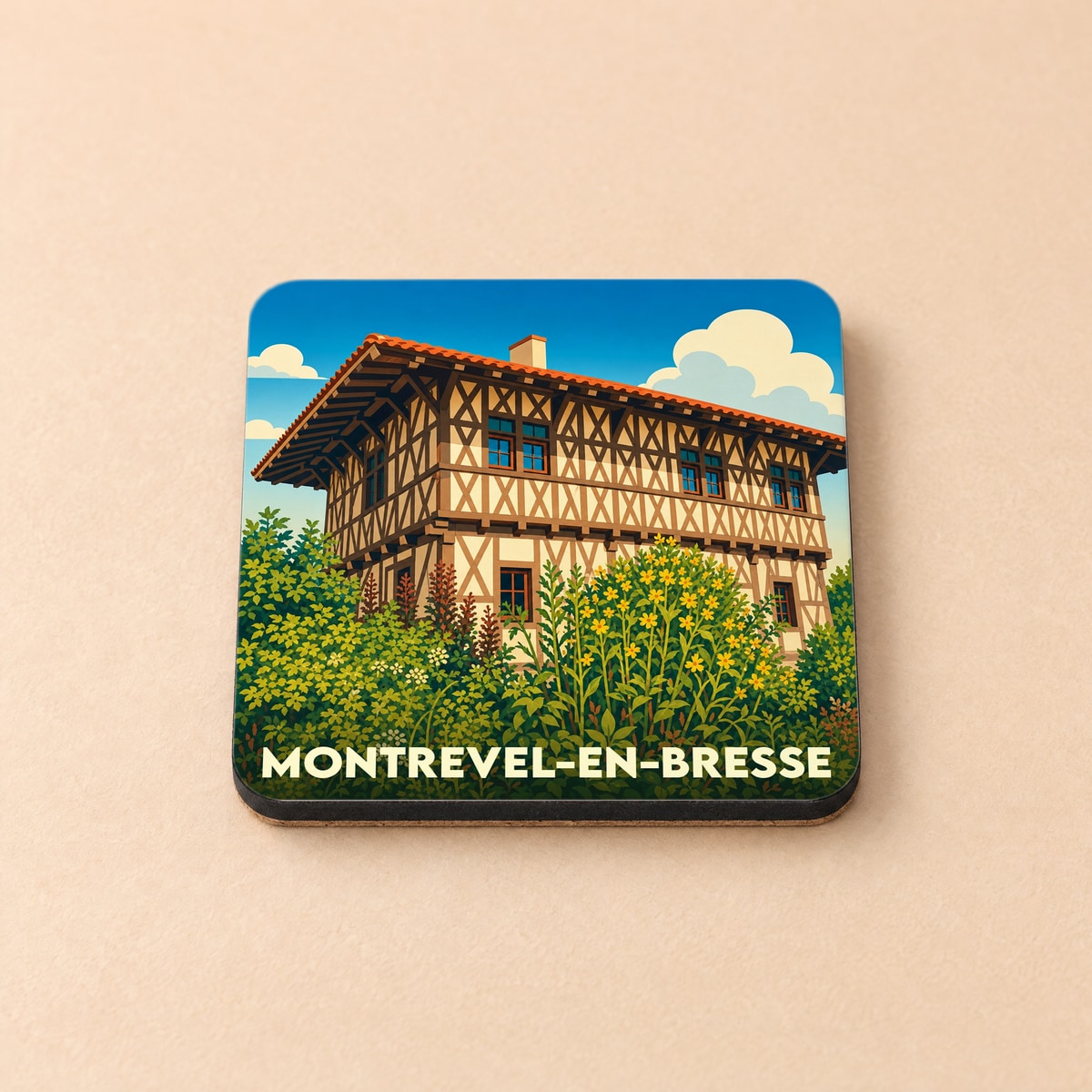 Dessous de verre souvenir de la ville de Montrevel-en-Bresse avec une illustration stylisée d'une maison à colombages.