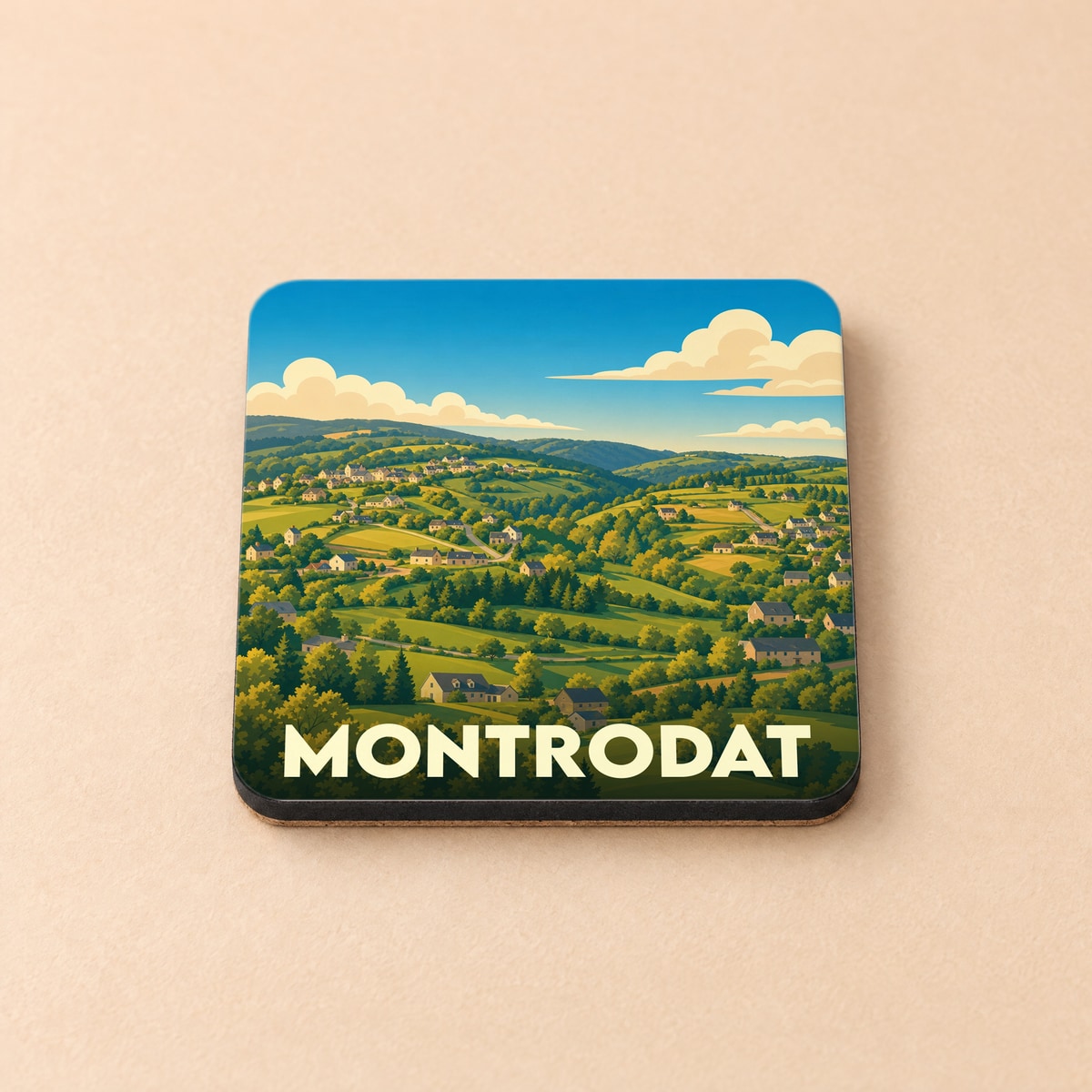 Dessous de verre souvenir de la ville de Montrodat avec une illustration stylisée de son paysage vallonné.