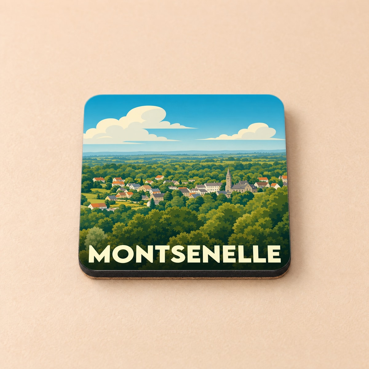 Dessous de verre souvenir de la ville de Montsenelle avec une illustration paysagère stylisée.