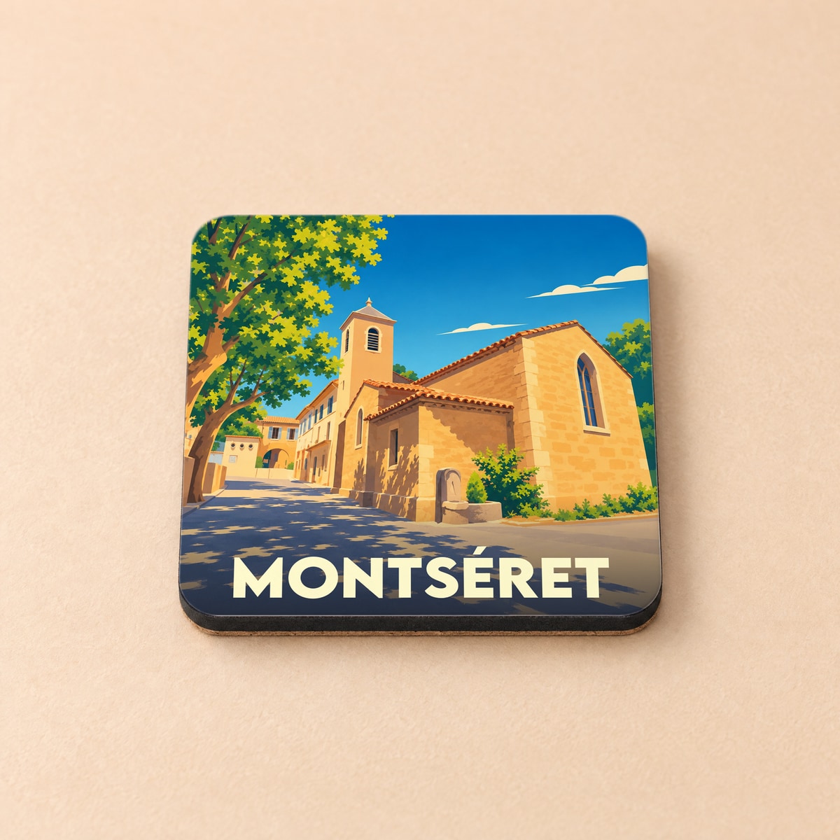 Dessous de verre souvenir de la ville de Montséret avec une illustration stylisée d'un village ensoleillé.