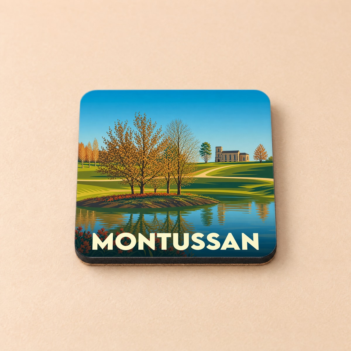 Dessous de verre souvenir de la ville de Montussan avec une illustration paysagère stylisée.