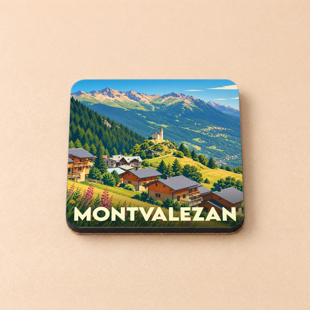 Dessous de verre souvenir de la ville de Montvalezan avec une illustration stylisée d'un paysage de montagne.