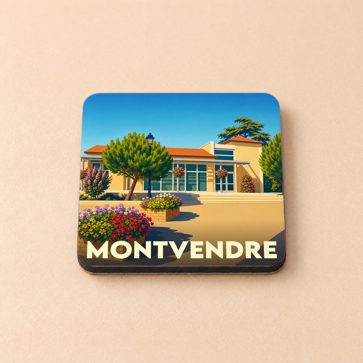 Dessous de verre souvenir de la ville de Montvendre avec une illustration colorée et stylisée.