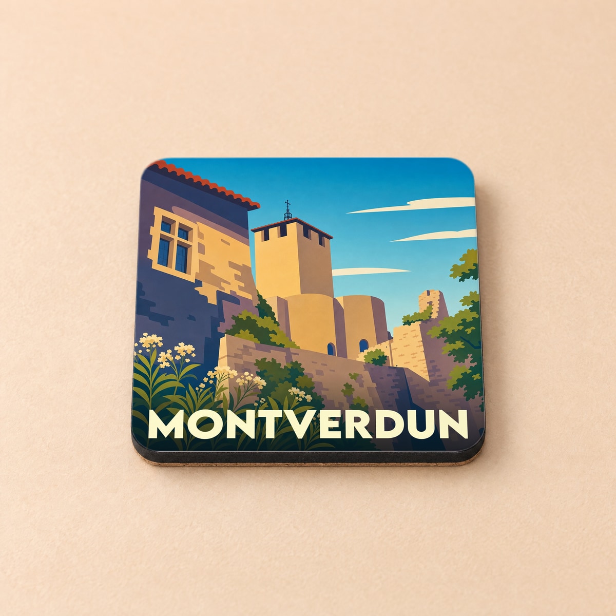 Dessous de verre souvenir de la ville de Montverdun illustré par un paysage stylisé du village et de son prieuré.