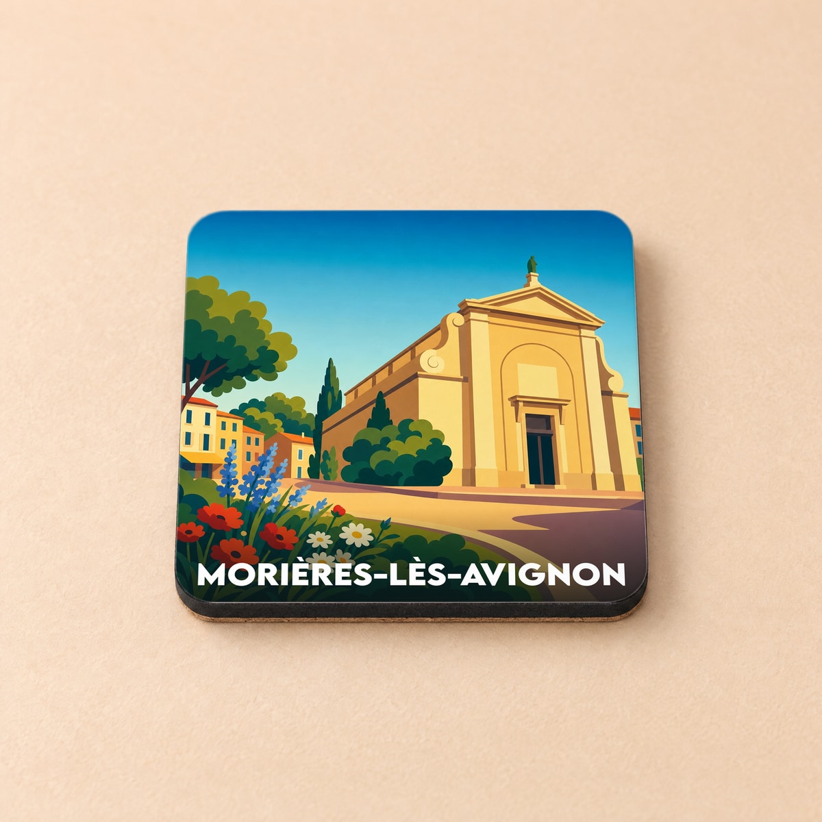 Dessous de verre souvenir de la ville de Morières-lès-Avignon avec une illustration stylisée.