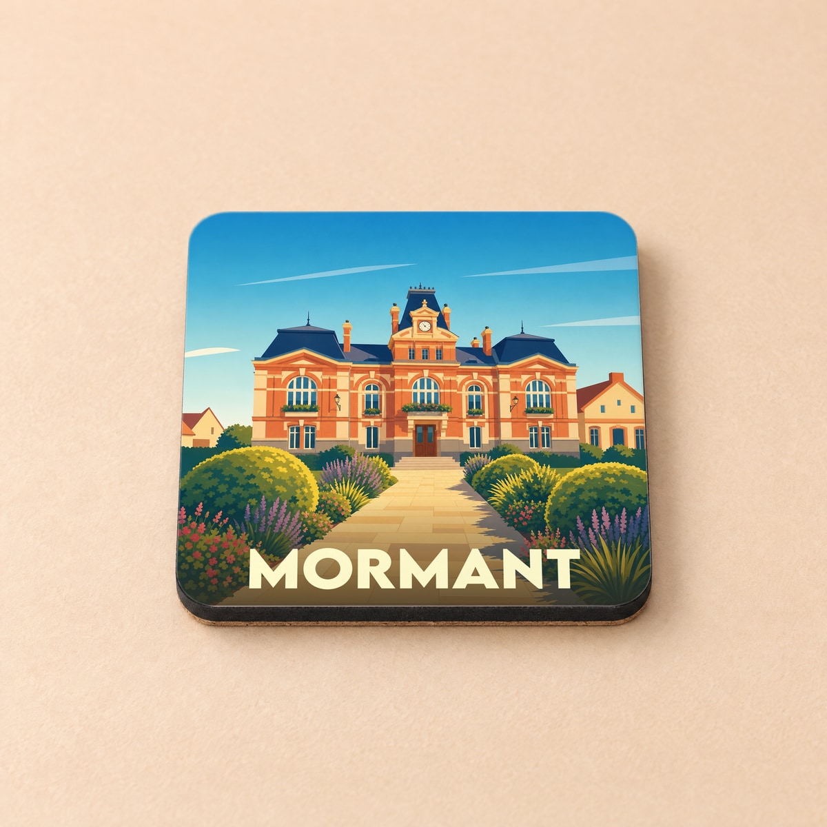Dessous de verre souvenir de la ville de Mormant avec une illustration stylisée de son hôtel de ville.