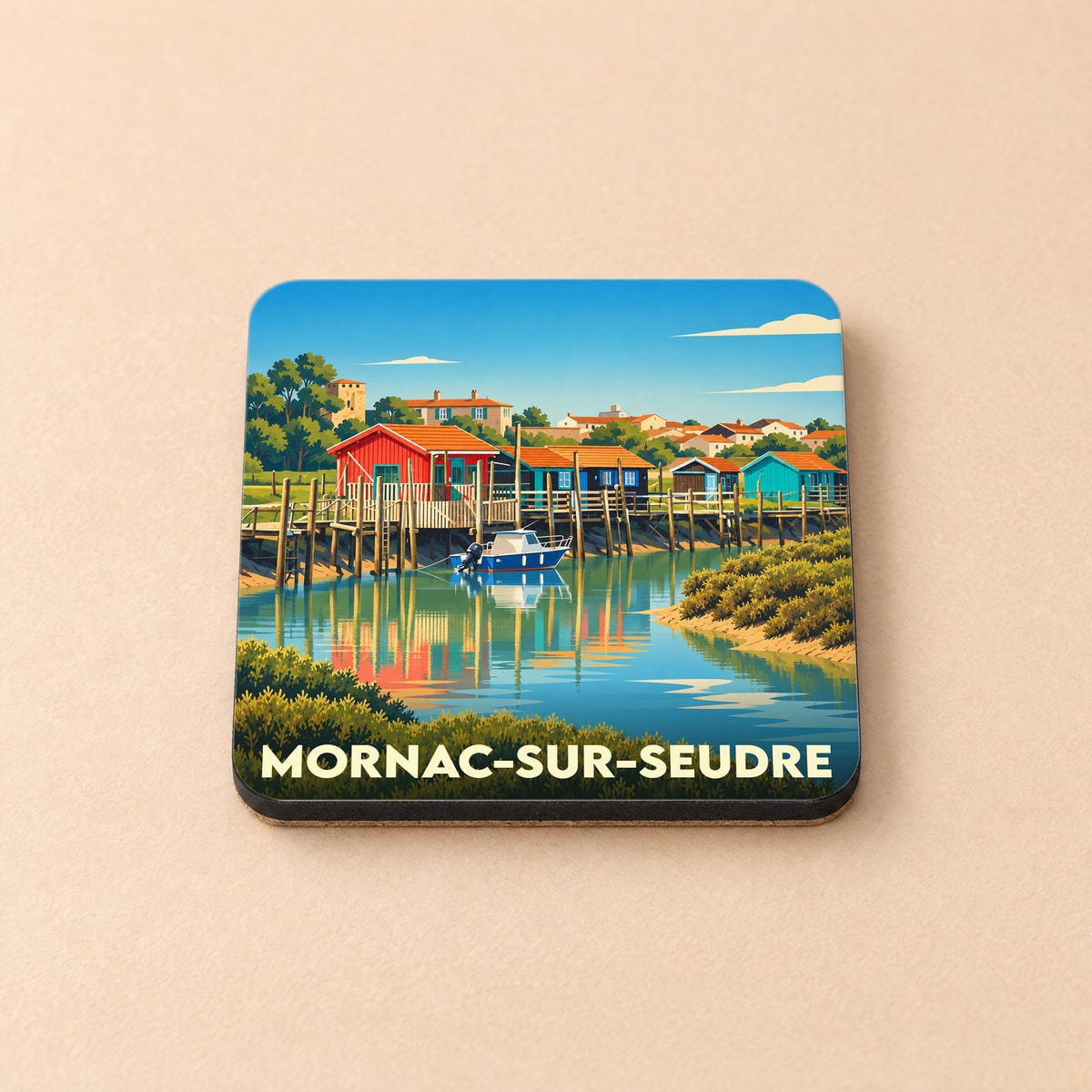 Dessous de verre souvenir de la ville de Mornac-sur-Seudre avec une illustration stylisée de son port ostréicole.