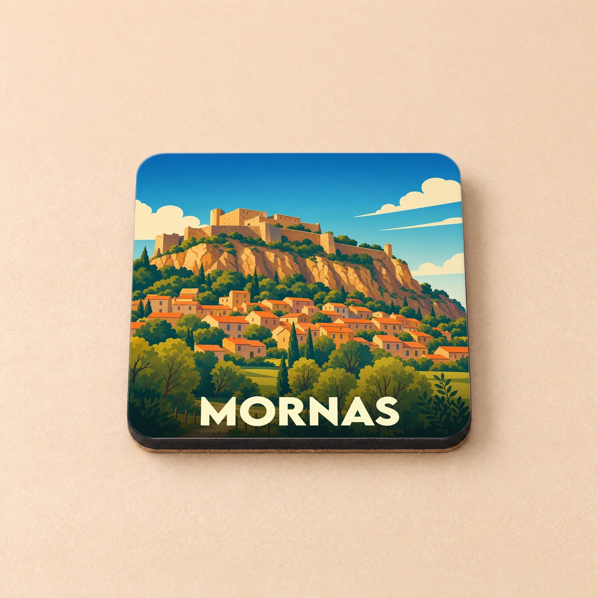 Dessous de verre souvenir de la ville de Mornas avec une illustration stylisée de sa forteresse médiévale sur une falaise.