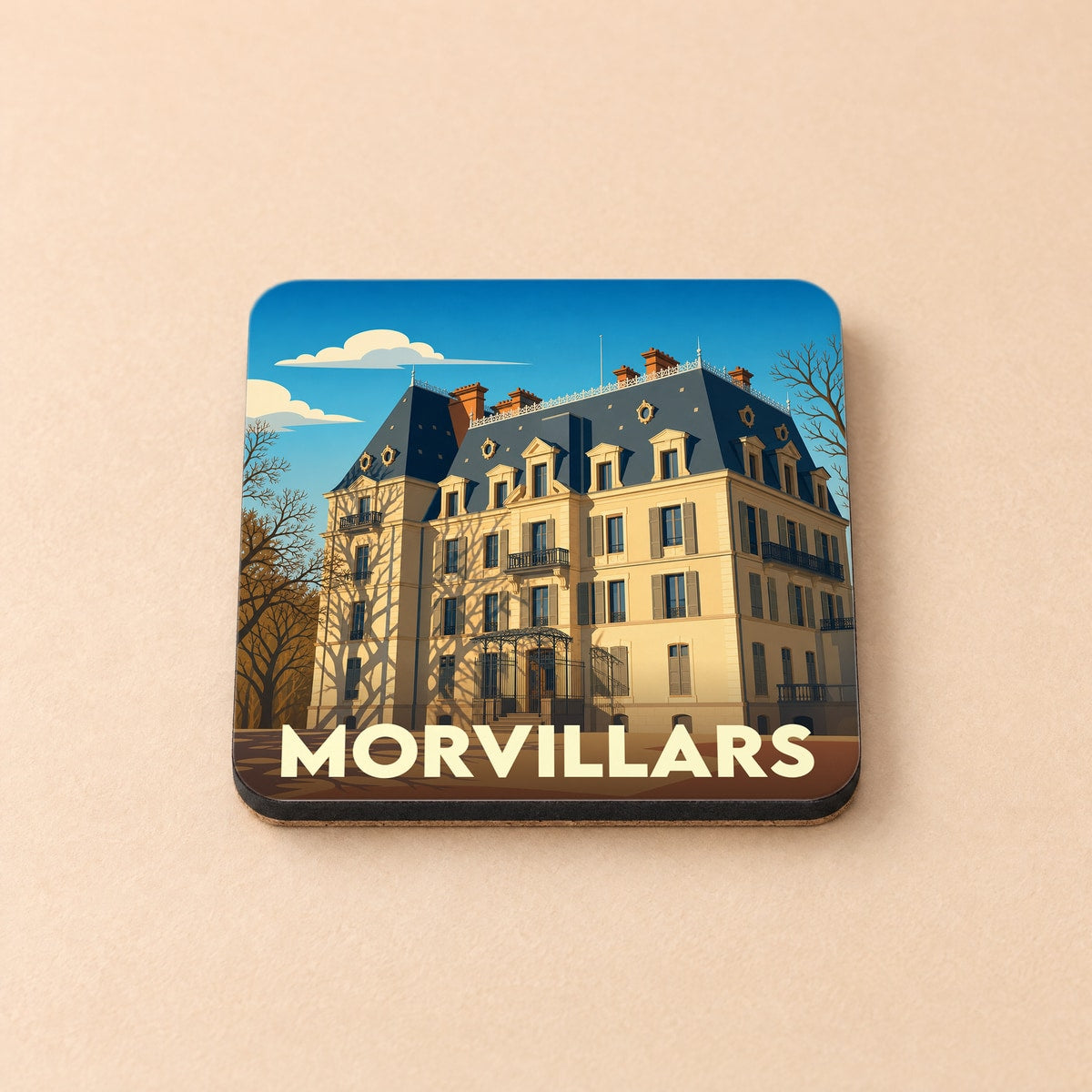 Dessous de verre souvenir de la ville de Morvillars avec une illustration stylisée d'un château.