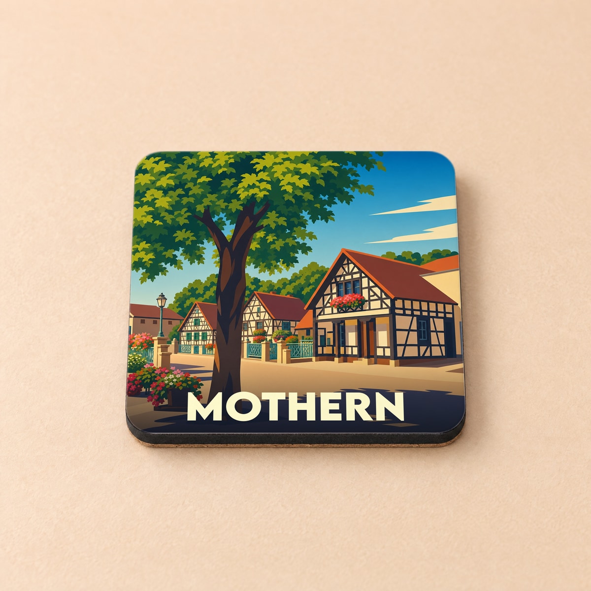 Dessous de verre souvenir de la ville de Mothern avec une illustration stylisée de maisons à colombages.