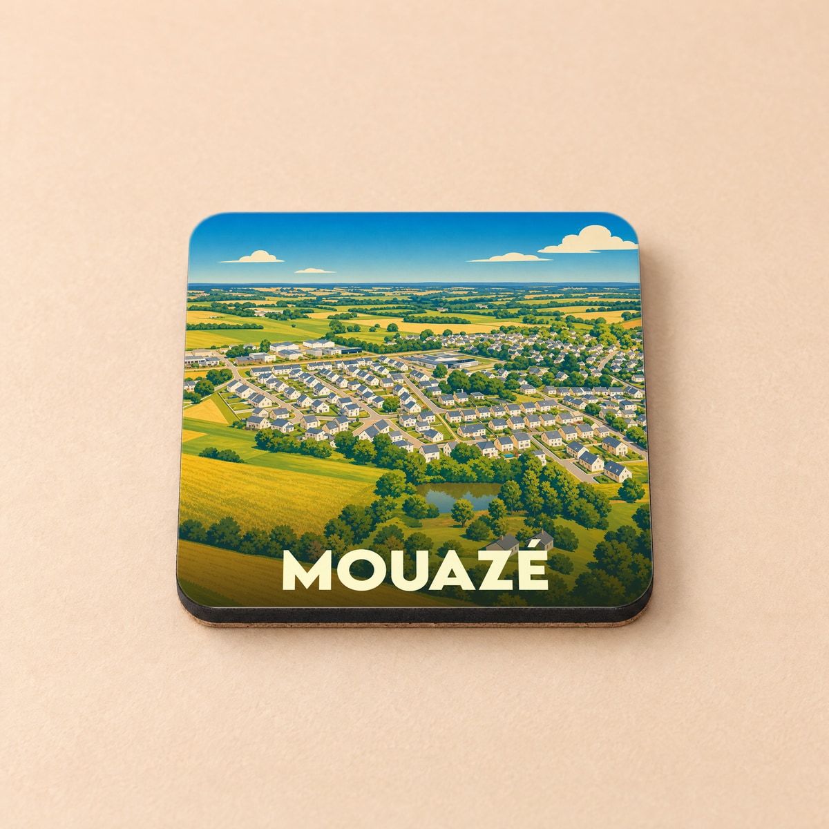 Dessous de verre souvenir de la ville de Mouazé avec une illustration stylisée d'un paysage urbain et champêtre.