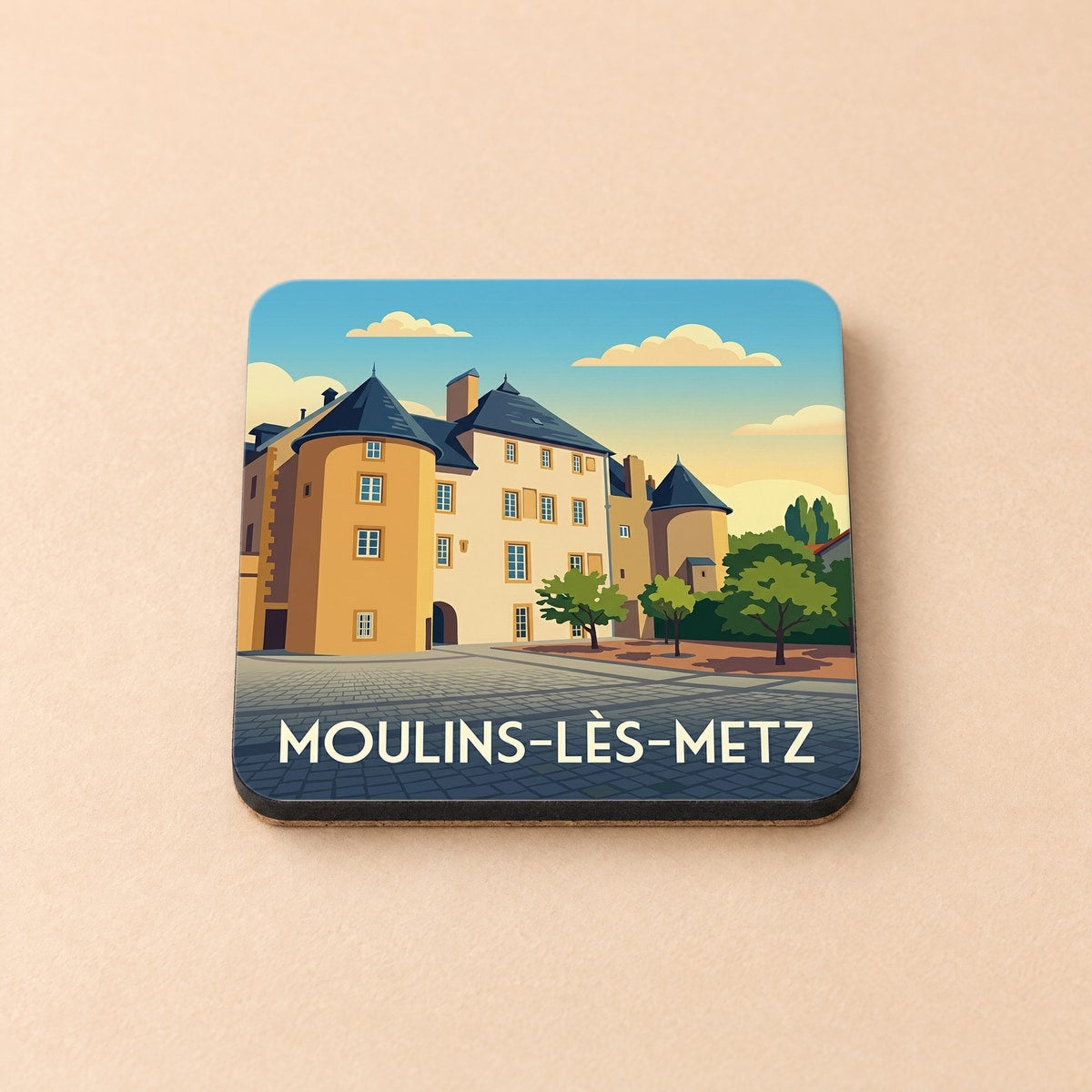 Dessous de verre souvenir de la ville de Moulins-lès-Metz avec une illustration stylisée d'un château.