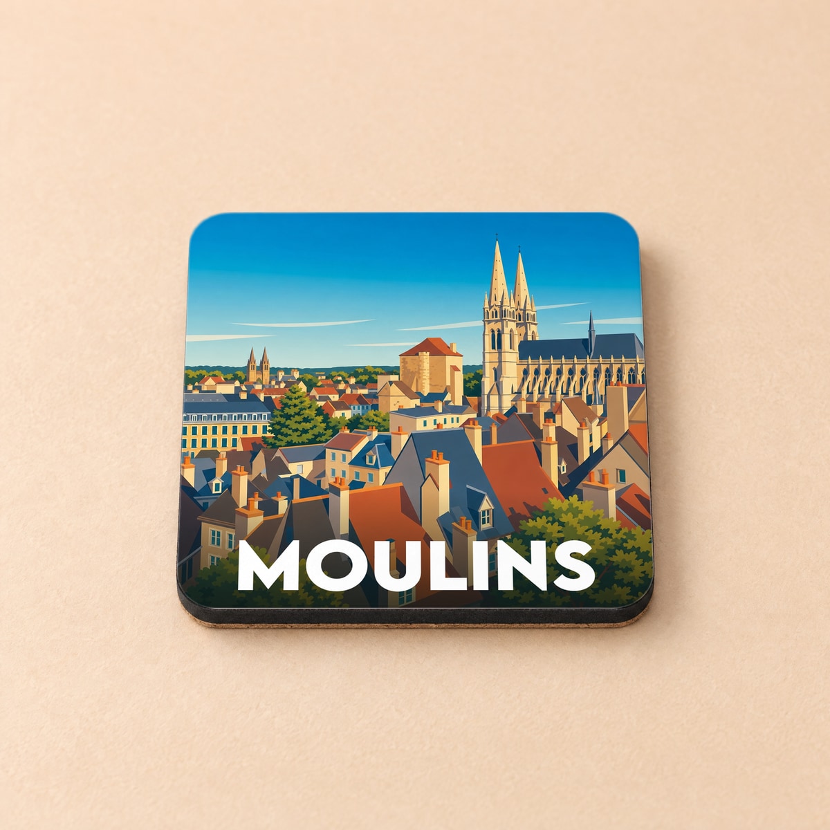 Dessous de verre souvenir de la ville de Moulins avec une illustration stylisée de ses toits et de sa cathédrale.