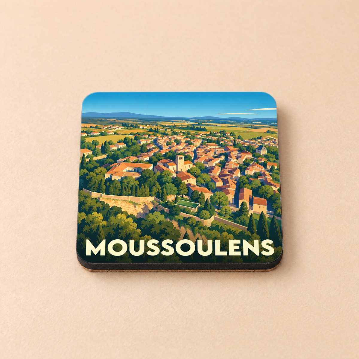 Dessous de verre souvenir de la ville de Moussoulens avec une illustration stylisée de ses paysages.