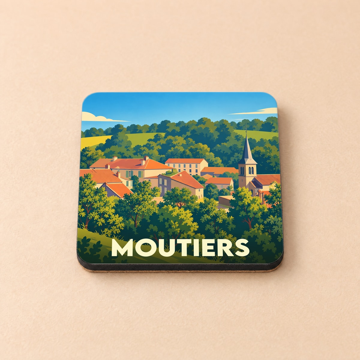 Dessous de verre souvenir de la ville de Moutiers avec une illustration stylisée.