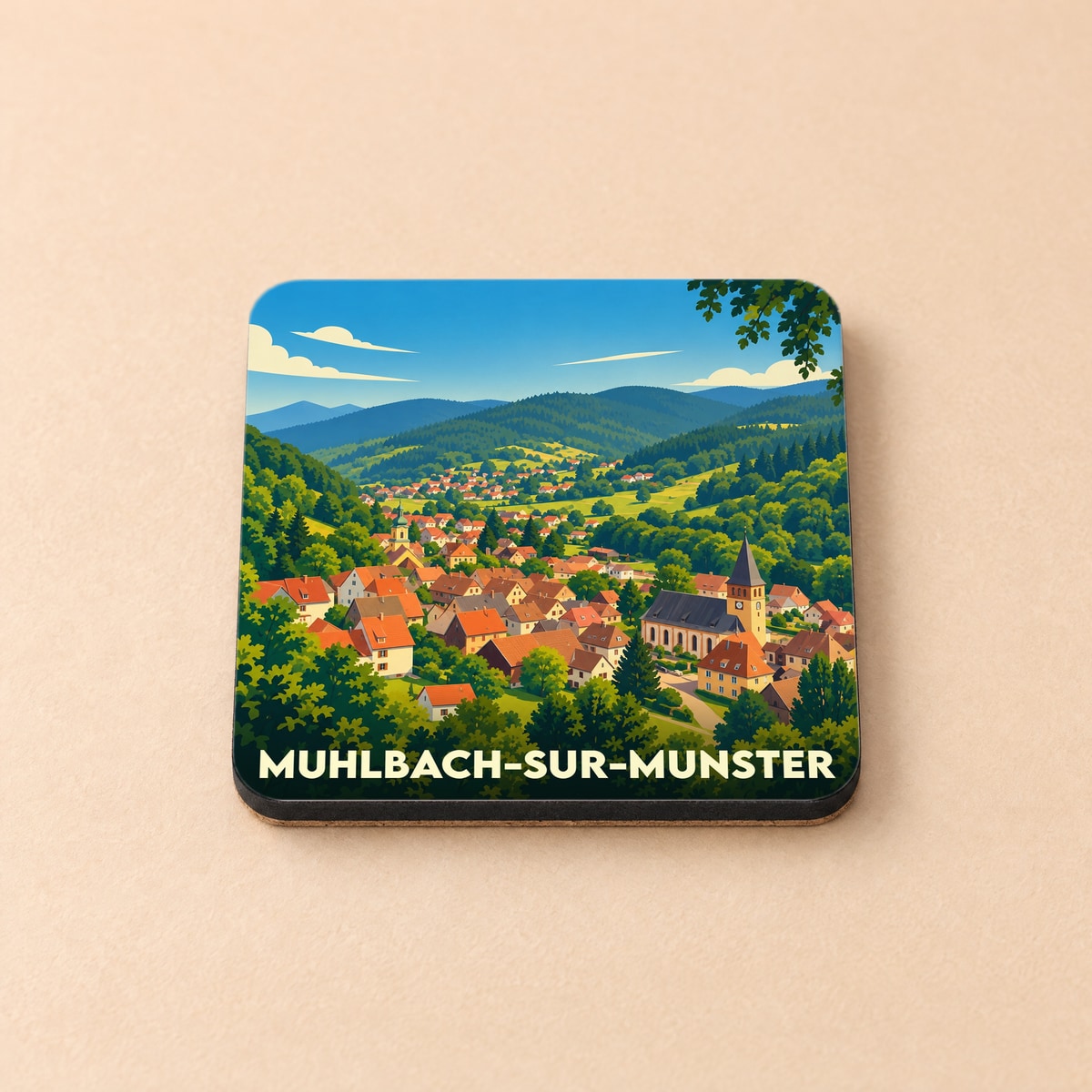 Dessous de verre souvenir de Muhlbach-sur-Munster avec une illustration stylisée de la ville nichée dans la vallée.
