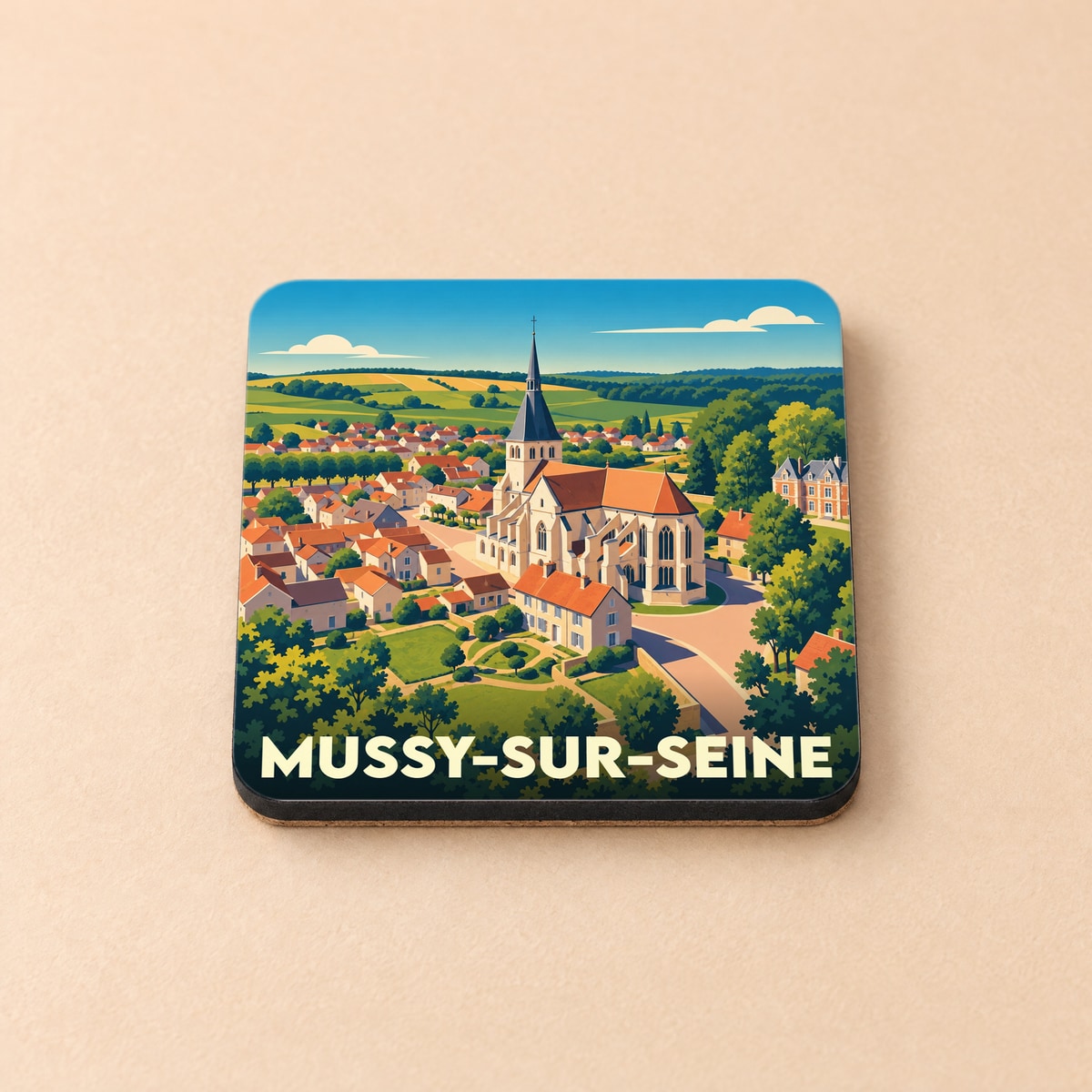 Dessous de verre souvenir de la ville de Mussy-sur-Seine avec une illustration stylisée.