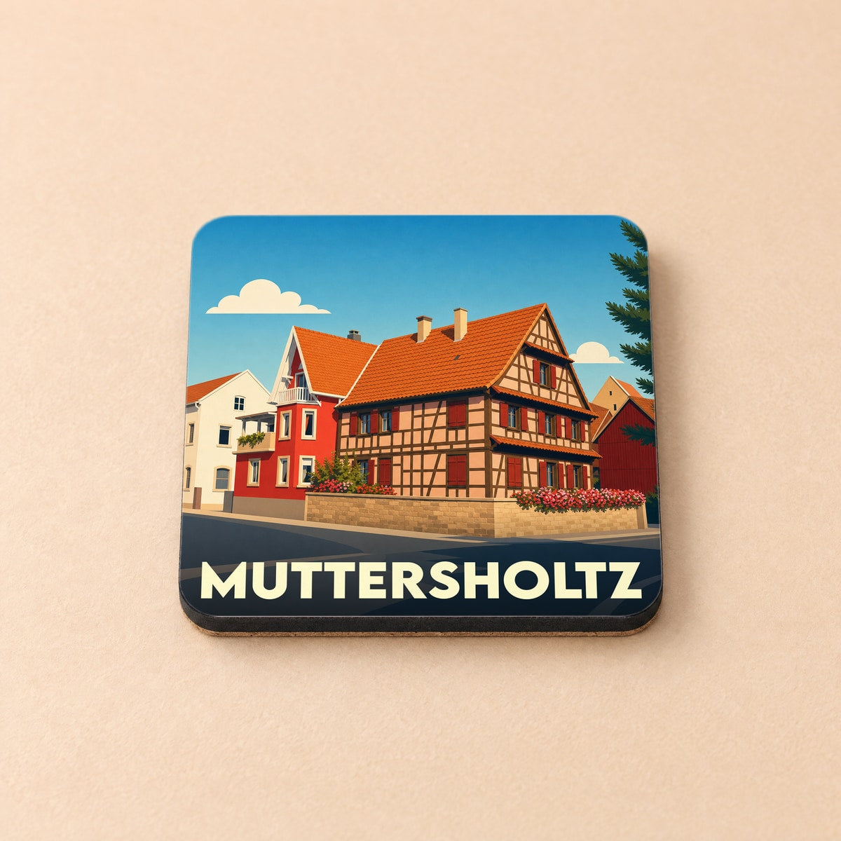Dessous de verre souvenir de la ville de Muttersholtz avec une illustration stylisée de maisons à colombages.