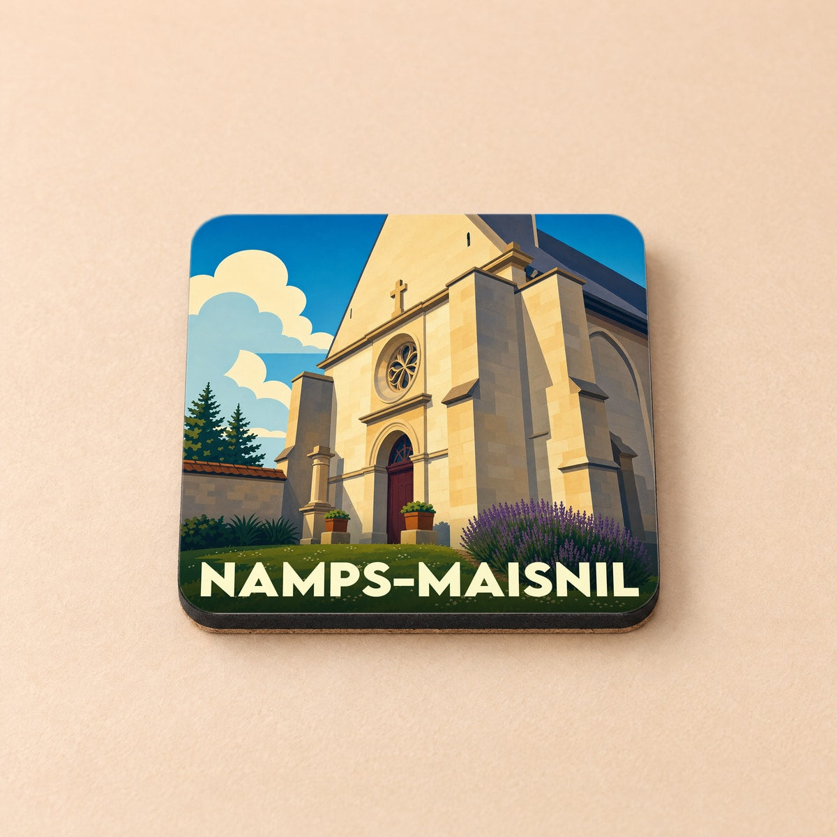 Dessous de verre souvenir de la ville de Namps-Maisnil avec une illustration stylisée de son église.