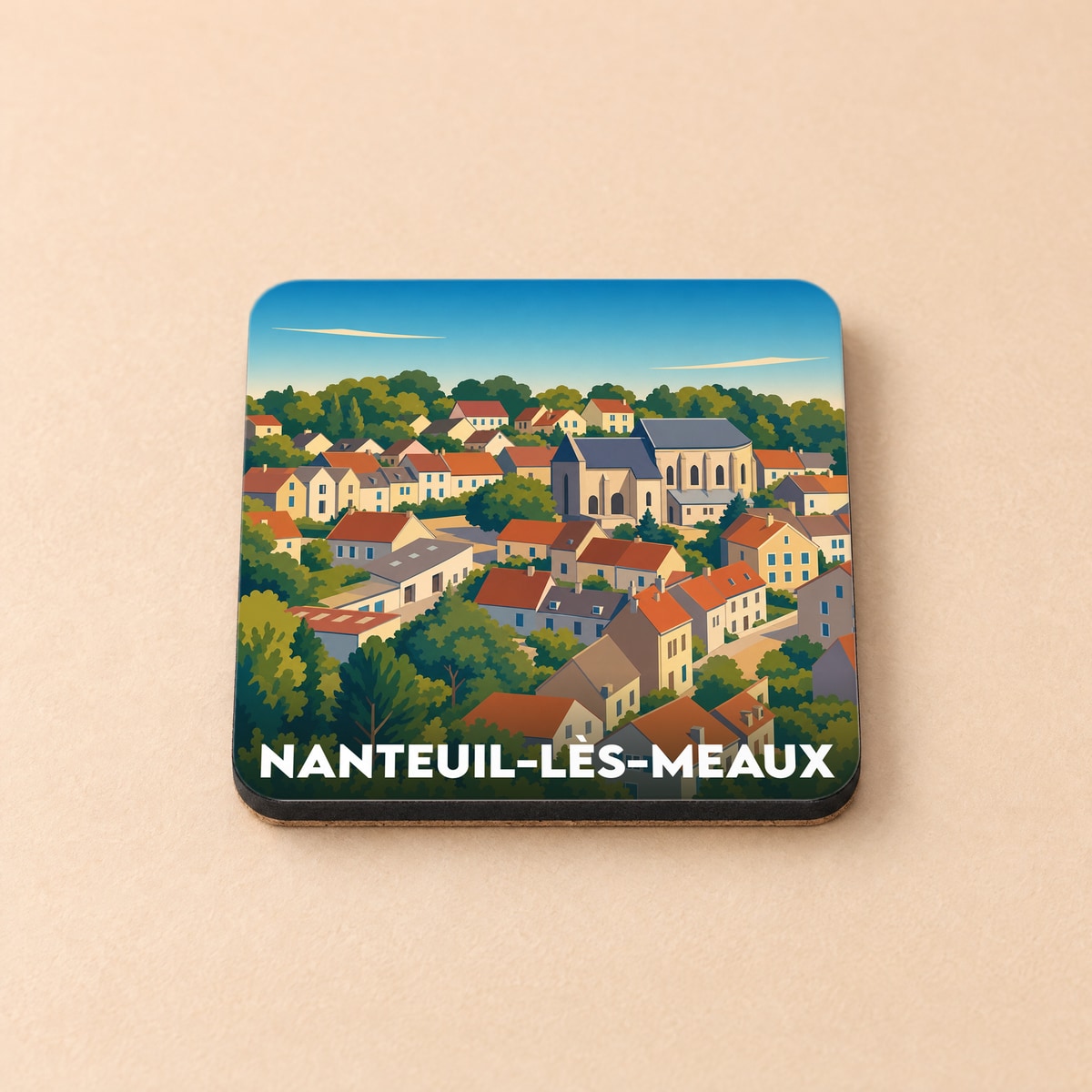 Dessous de verre souvenir de la ville de Nanteuil-lès-Meaux avec une illustration stylisée.