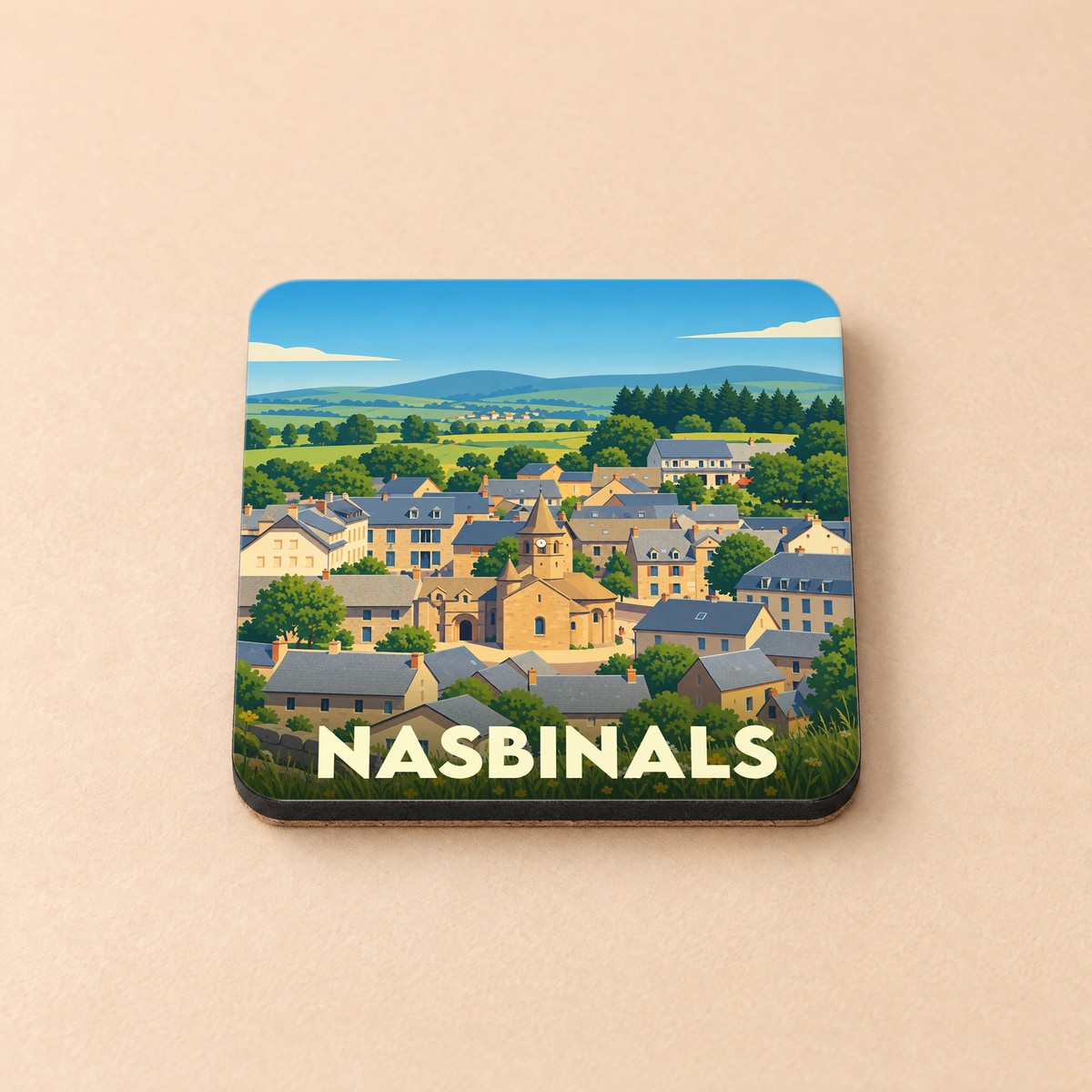 Dessous de verre souvenir de la ville de Nasbinals avec une illustration stylisée.