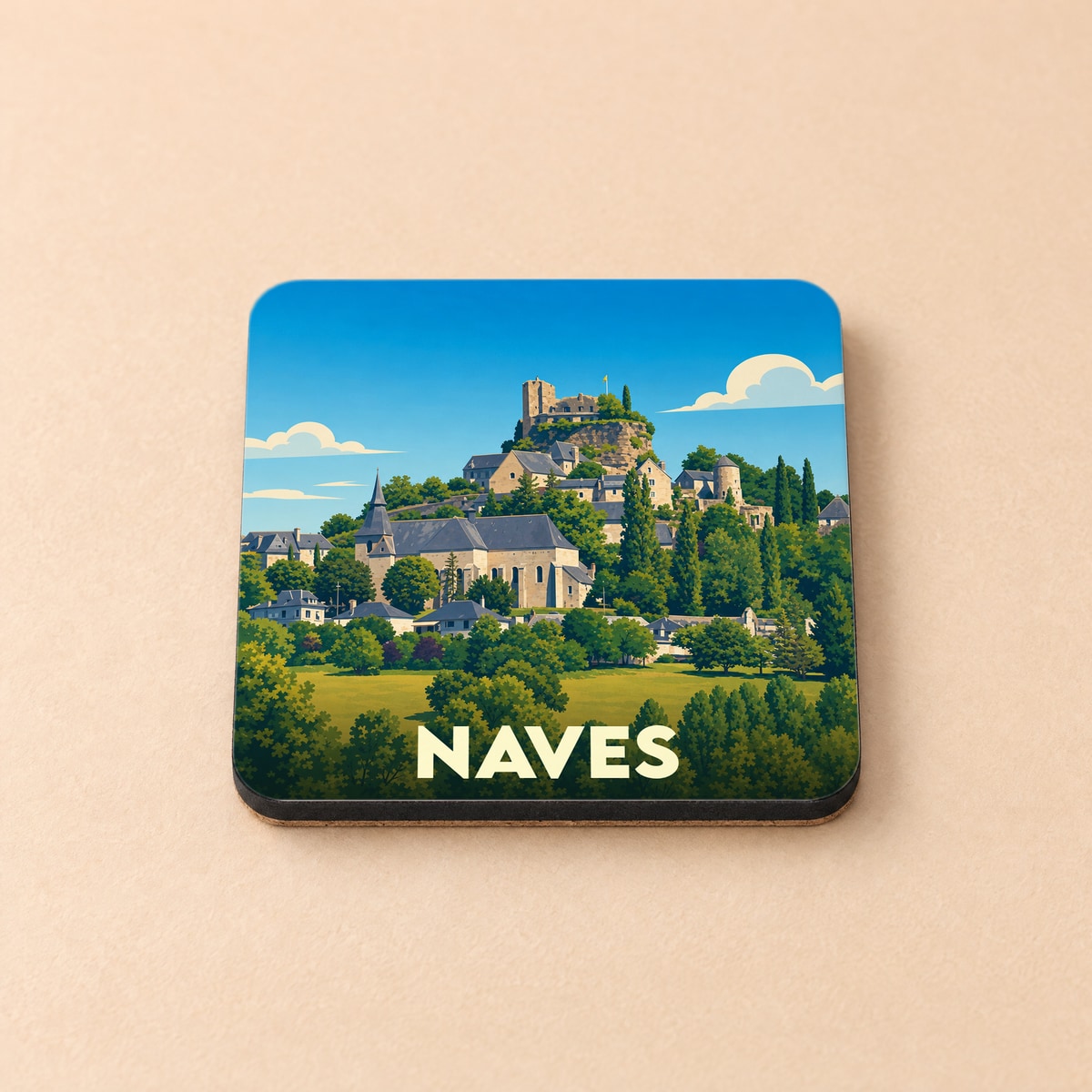 Dessous de verre souvenir de la ville de Naves avec une illustration stylisée.