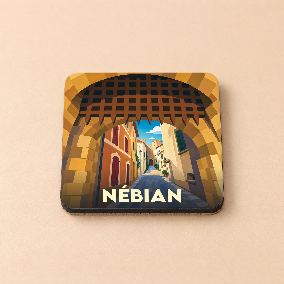 Dessous de verre souvenir de la ville de Nébian avec une illustration stylisée d'une ruelle médiévale vue à travers une porte fortifiée.