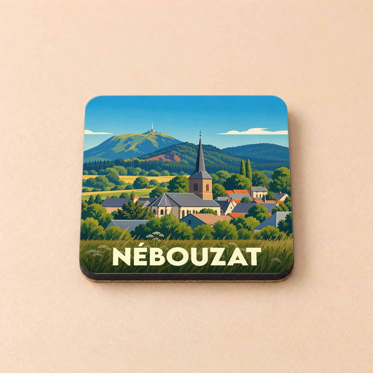 Dessous de verre souvenir de la ville de Nébouzat avec une illustration stylisée.