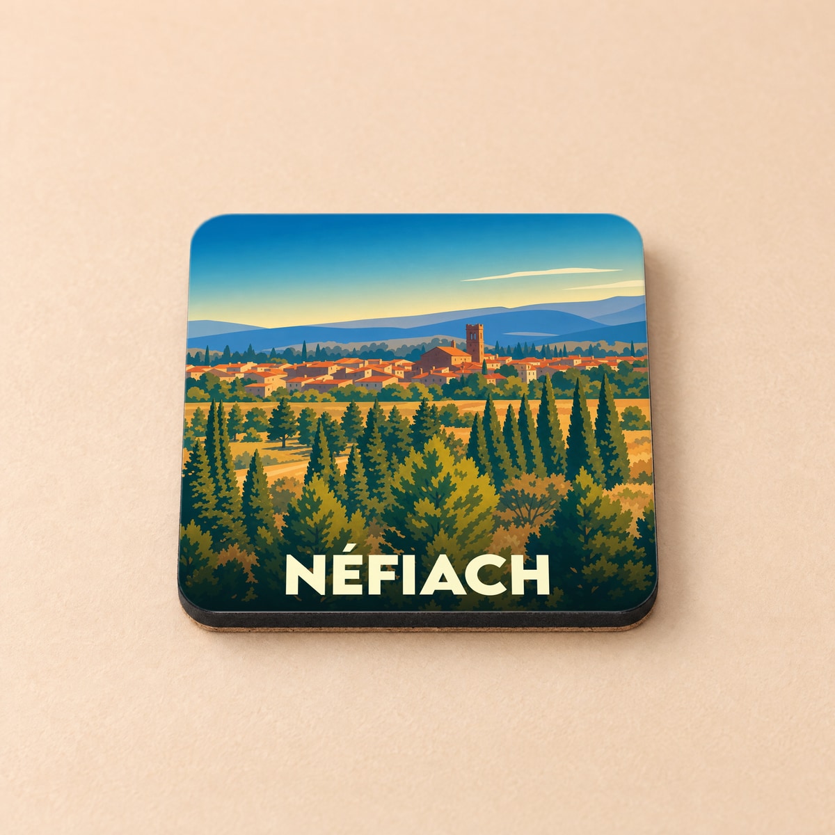 Dessous de verre souvenir de la ville de Néfiach avec une illustration stylisée de son paysage.