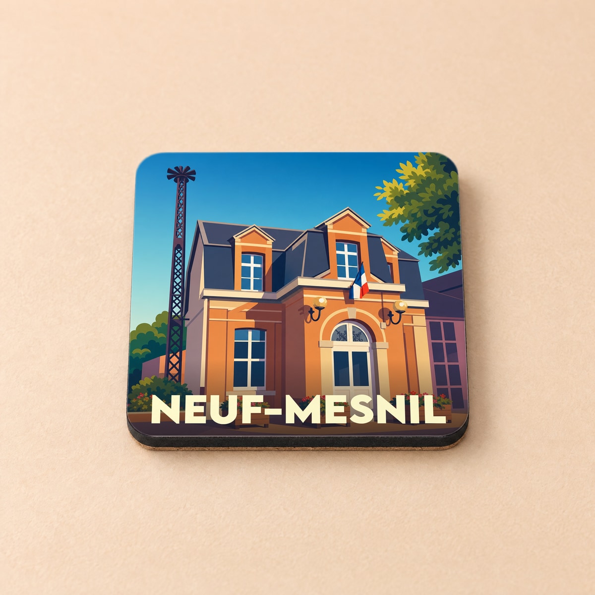 Dessous de verre souvenir de la ville de Neuf-Mesnil avec une illustration stylisée de sa mairie.