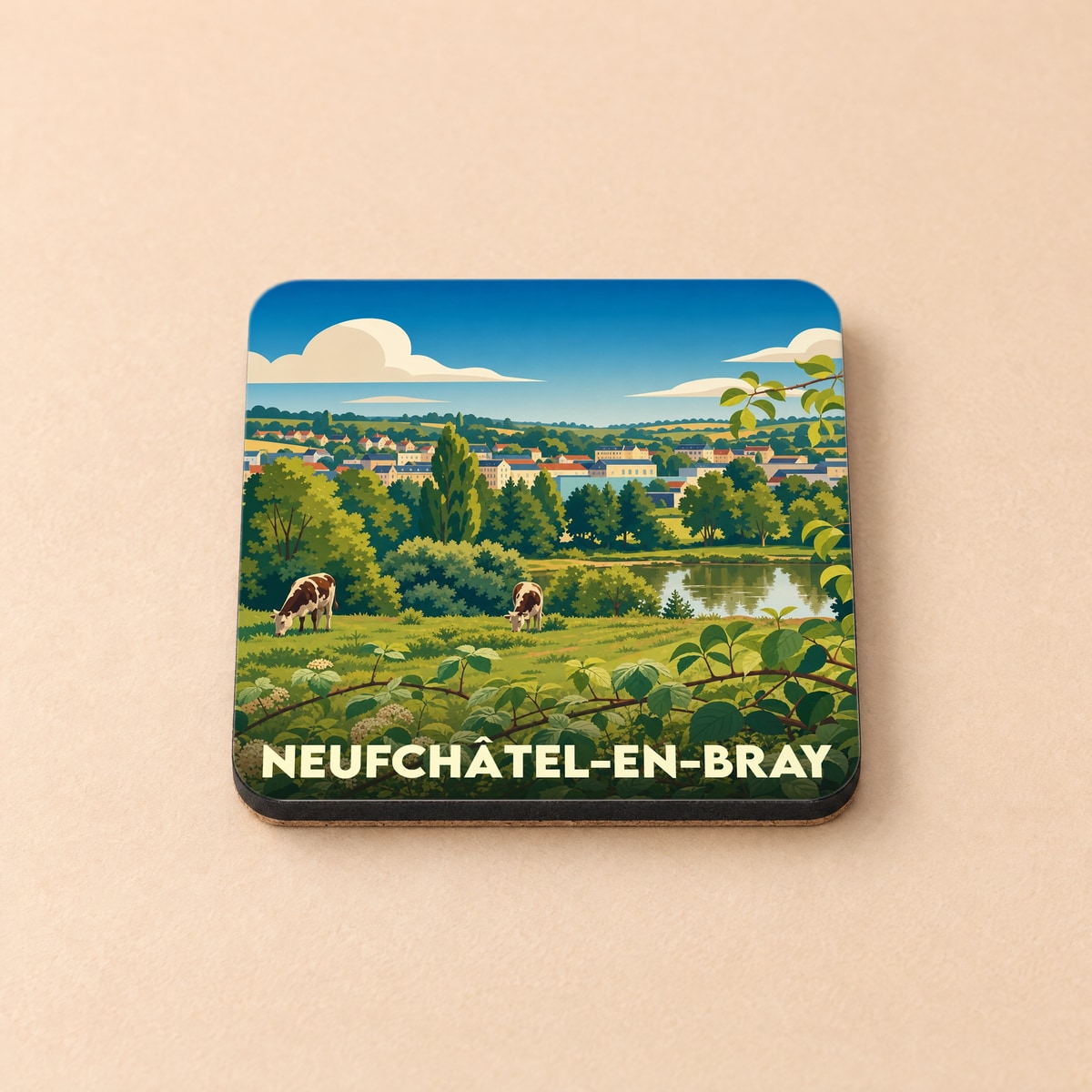 Dessous de verre souvenir de la ville de Neufchâtel-en-Bray avec une illustration paysagère stylisée.