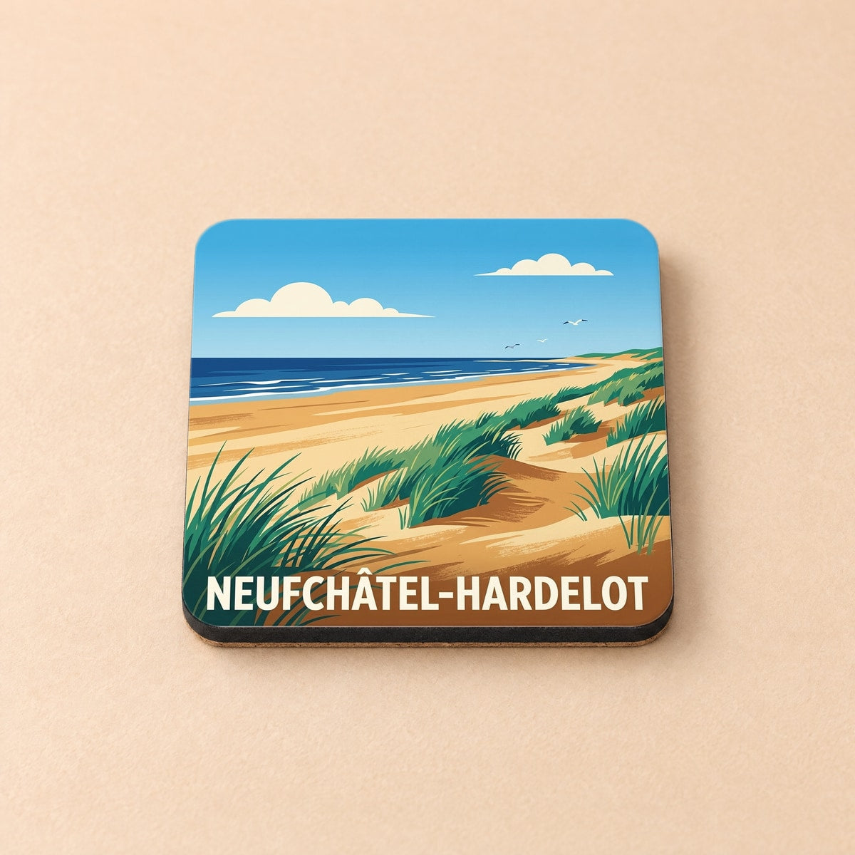 Dessous de verre souvenir de la ville de Neufchâtel-Hardelot avec une illustration stylisée de sa plage et de ses dunes.