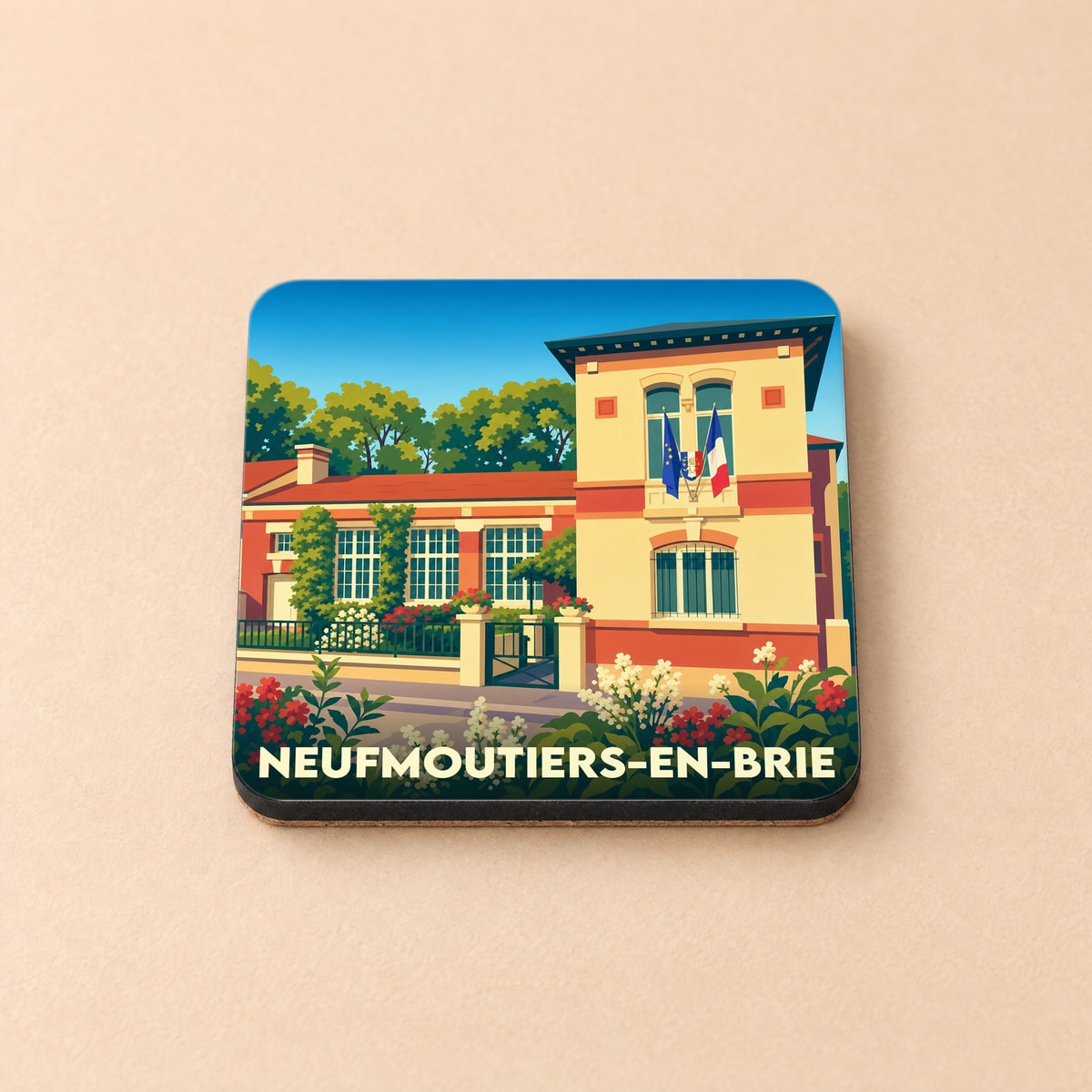 Dessous de verre souvenir de Neufmoutiers-en-Brie arborant une illustration colorée et stylisée de la mairie.