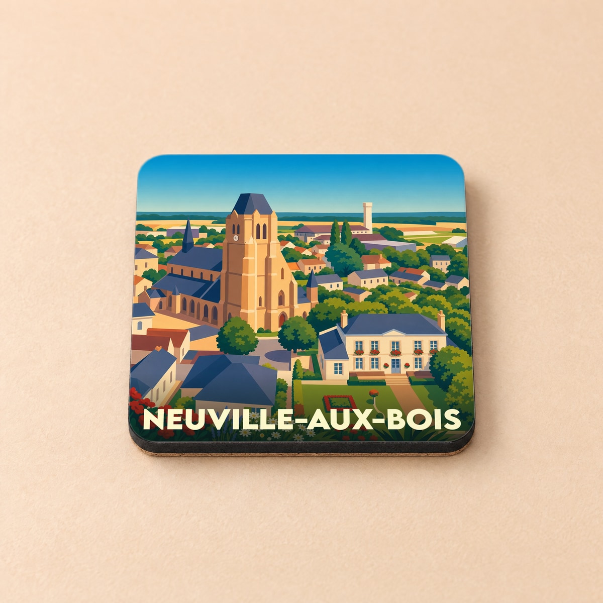 Dessous de verre souvenir de Neuville-aux-Bois orné d'une illustration stylisée de la ville.