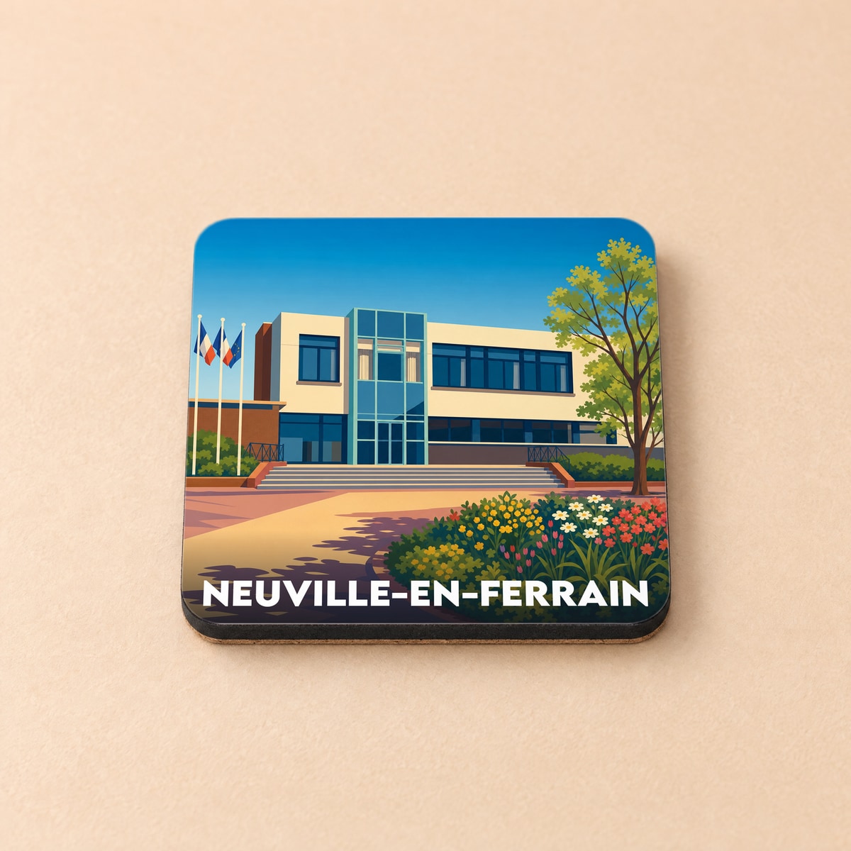 Dessous de verre souvenir de la ville de Neuville-en-Ferrain avec une illustration stylisée de l'hôtel de ville.