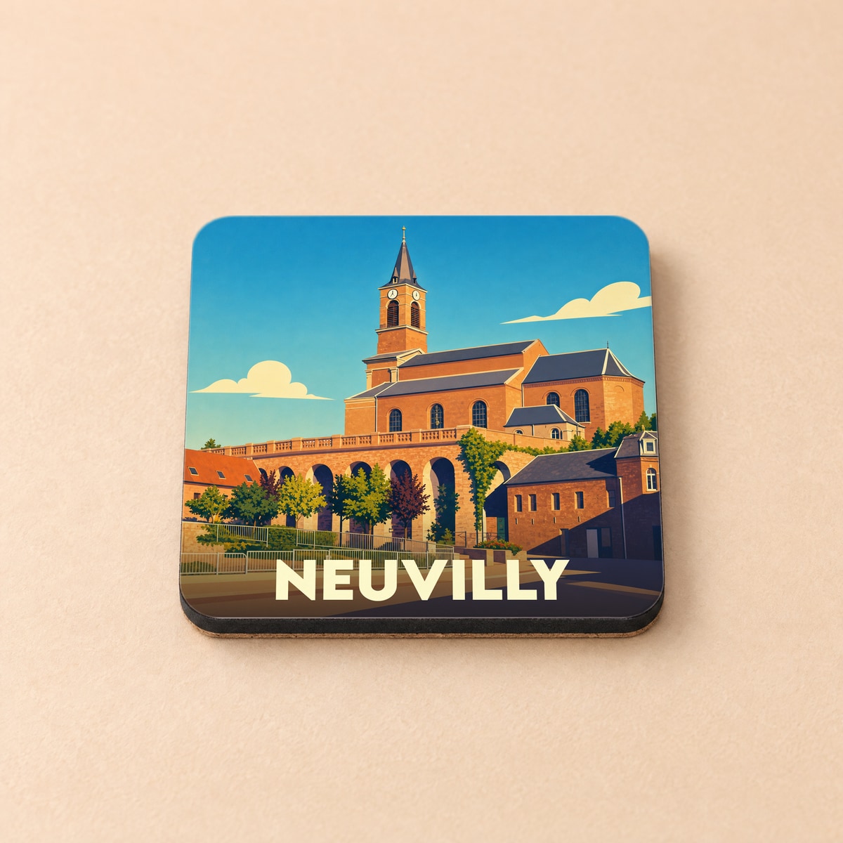 Dessous de verre souvenir de la ville de Neuvilly avec une illustration stylisée de son église et de son viaduc.