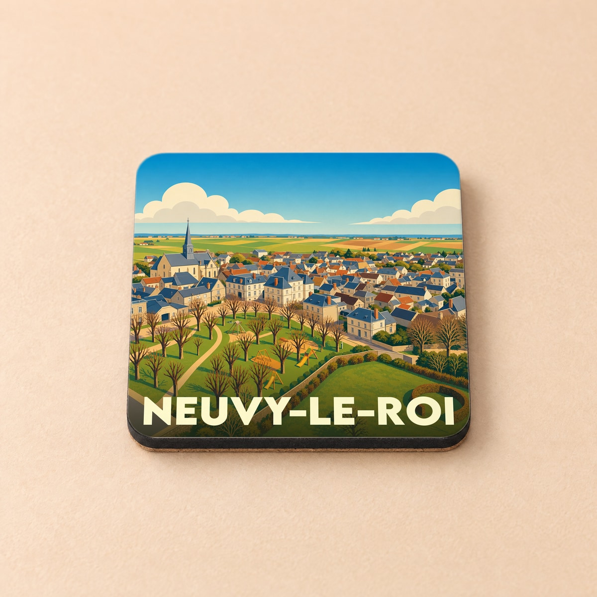 Dessous de verre souvenir de la ville de Neuvy-le-Roi avec une illustration stylisée.