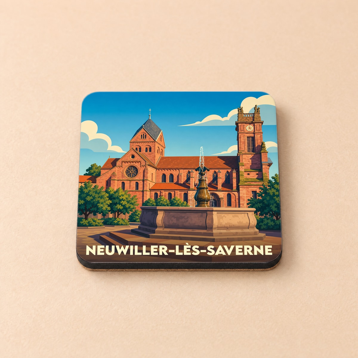 Dessous de verre souvenir de la ville de Neuwiller-lès-Saverne avec une illustration stylisée de son église et de sa fontaine.