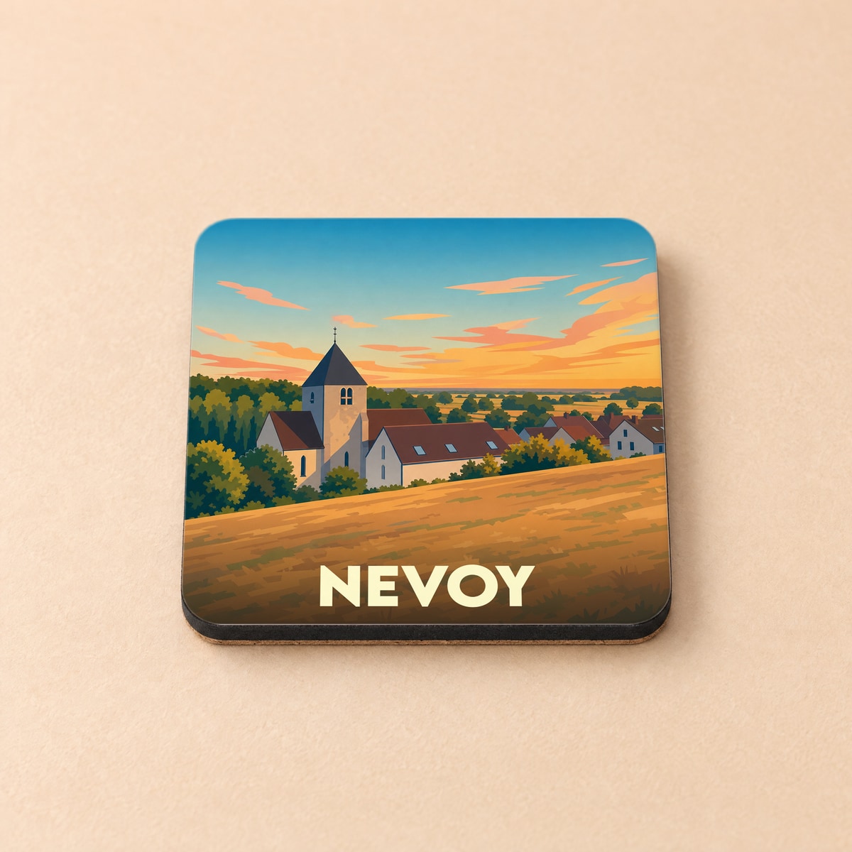 Dessous de verre souvenir de la ville de Nevoy avec une illustration stylisée d'un village au coucher du soleil.
