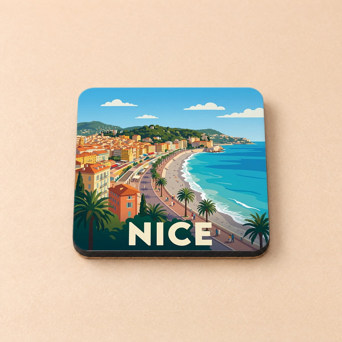 Dessous de verre souvenir de la ville de Nice avec une illustration stylisée de la Promenade des Anglais.