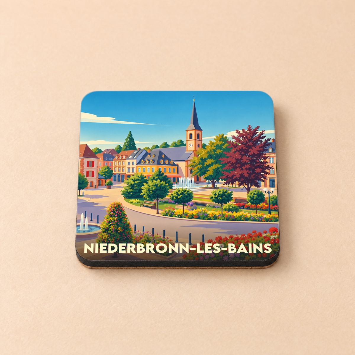 Dessous de verre souvenir de la ville de Niederbronn-les-Bains avec une illustration colorée et stylisée de son centre-ville.