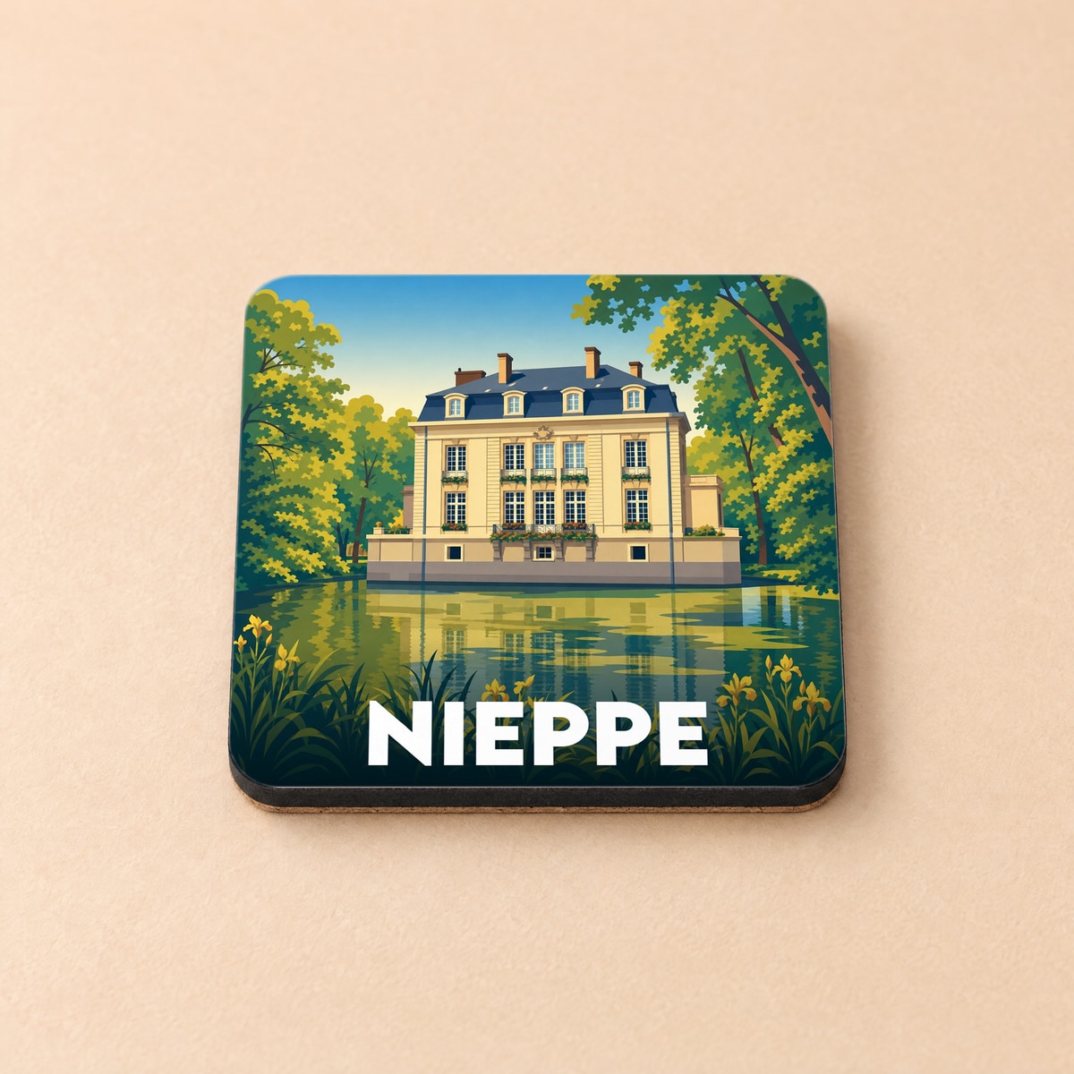 Dessous de verre souvenir de la ville de Nieppe avec une illustration stylisée de son château bordant l'eau.